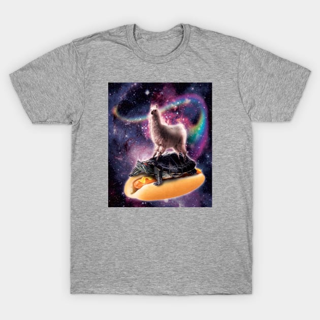 Llama Riding Giant Turtle on Hot Dog T-Shirt by Random Galaxy